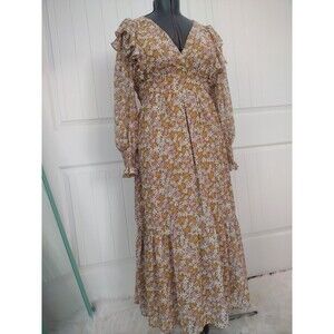 In Loom Tan Floral Puff Sleeve Long Maxi Length Boho Prairie Style Dress Size M